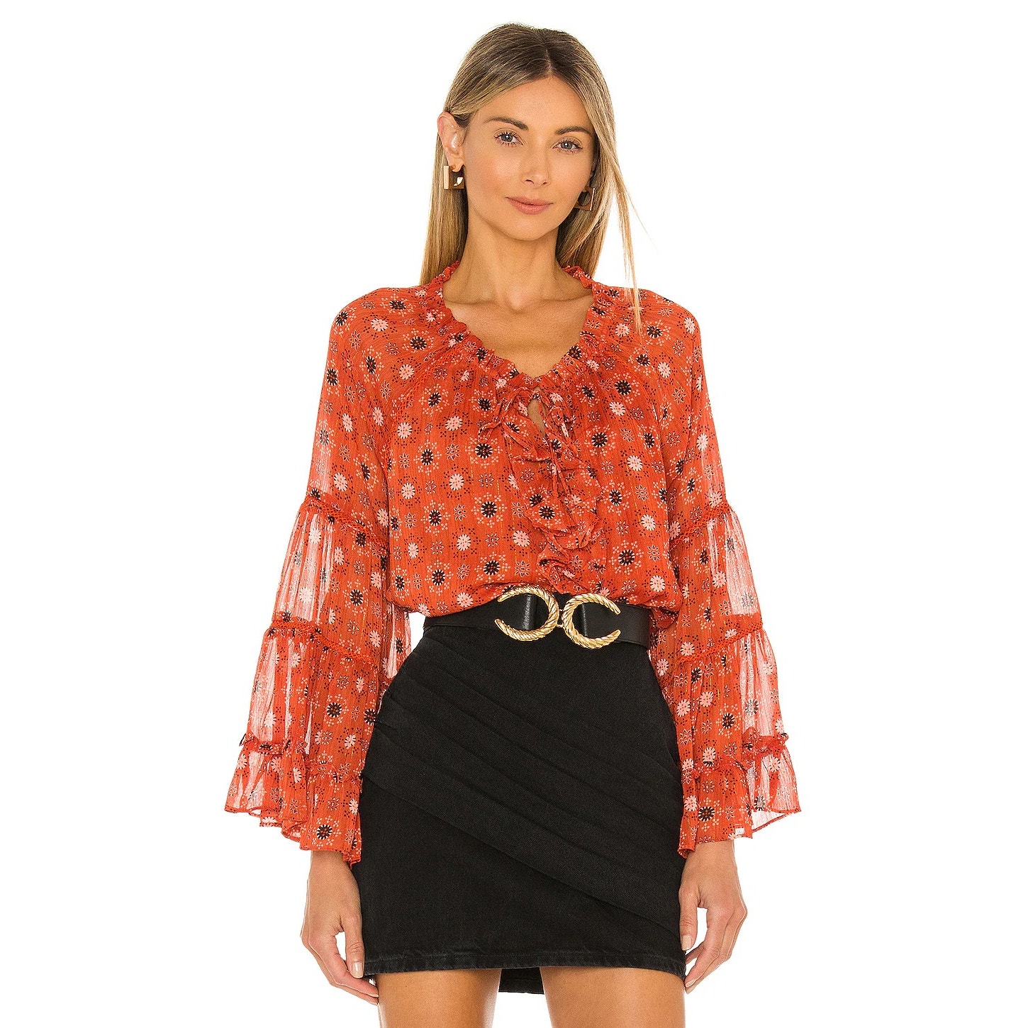 Misa Los Angeles Alberta Top Tassel Ruffle Flaretiered Sleeve Maravi Dots Size S
